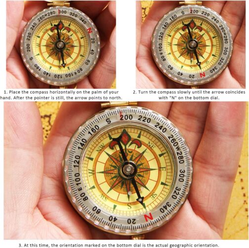 1 Piece Golden Compass Pocket Watch with 2 Pieces Carabiners (Black and Orange) Outdoor Direction Compass Pure Copper Luminous Compass Pocket Watch for Mountaineering and Other Activities – Bild 6