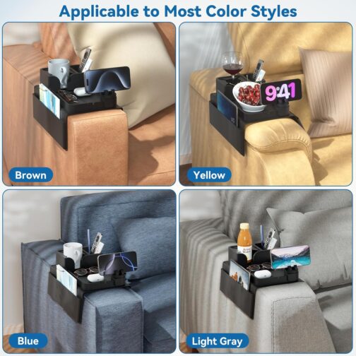 CLESOO Sofa Tray Armrest with Drink Holder, Non-Slip Sofa Tray with Two Side Pockets and Phone Holder, Silicone Anti-Spill Couch Organiser for Cup, Phone, Tablet, Snack, Black – Bild 9