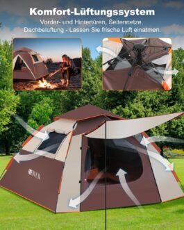 Dewur Camping Tent, Pop Up Tent, 4 People, Family Dome Tent, Waterproof, Windproof with 2 Mesh Door, Window, 2 in 1 Double Layers, Carry Bag for Camping, Hiking, Backpacking