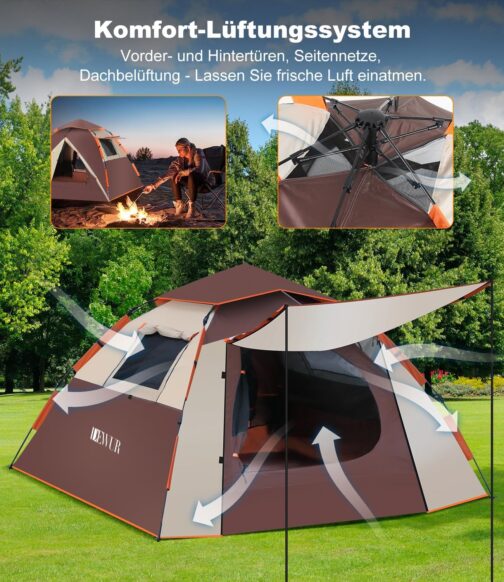 Dewur Camping Tent, Pop Up Tent, 4 People, Family Dome Tent, Waterproof, Windproof with 2 Mesh Door, Window, 2 in 1 Double Layers, Carry Bag for Camping, Hiking, Backpacking – Bild 2