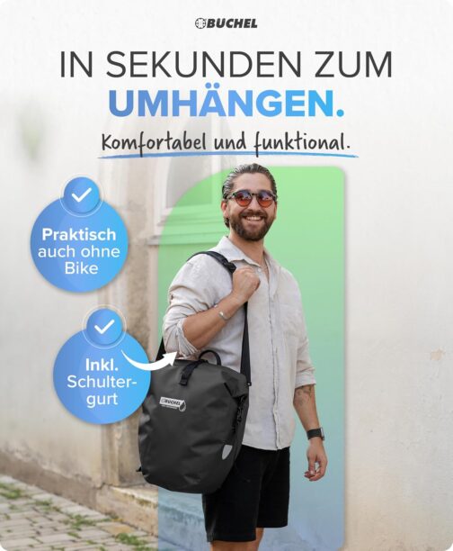 Büchel Fahrradtasche für Gepäckträger I 100% Wasserdicht I mit Tragegriff und Schultergurt I fahrradtasche gepäckträger, gepäckträgertasche, Fahrrad Taschen hinten – Bild 6