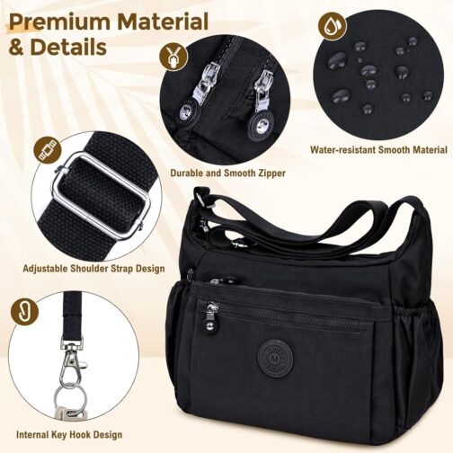 WACCET Women's Large Shoulder Bag, Waterproof Nylon Crossbody Bag with Adjustable Wide Shoulder Strap, Women's Handbag with Many Compartments, Lightweight Shoulder Bag for Travel, Work – Bild 5