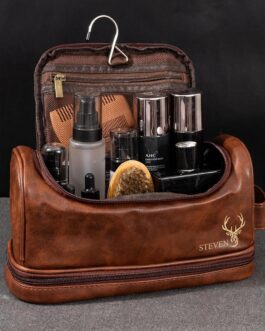 Personalised Mens PU Leather Toiletry Bag, Custom Engraved Travel Toiletry Bag, Personalized Initials, Gifts for Family, Black, coffee, dark brown, light brown, Portable Toiletries for Men