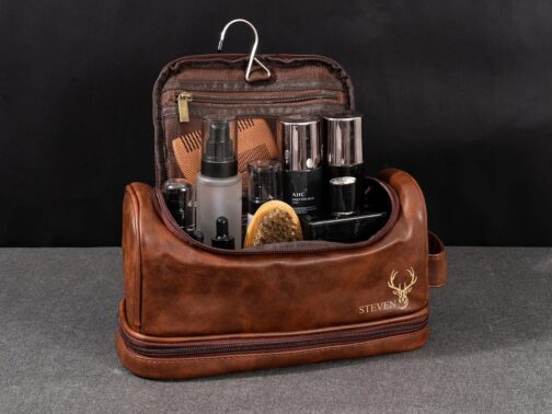 Personalised Mens PU Leather Toiletry Bag, Custom Engraved Travel Toiletry Bag, Personalized Initials, Gifts for Family, Black, coffee, dark brown, light brown, Portable Toiletries for Men – Bild 2