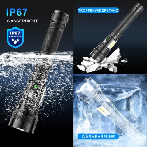 ASORT Rechargeable Torch 990,000 Lumens, Extremely Bright USB Rechargeable Tactical Torches, Zoomable, IP67 Waterproof, 10 Light Modes for Home, Outdoor, Emergencies, Patrol, Camping (with Battery) – Bild 7
