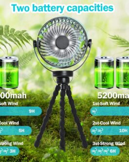 Simpeak Camping Fan, Table Fan, Mini USB Fan, Quiet, 5200 mAh Battery Fan with LED Light, Adjustable Tripod, 3 Speeds, 720° Rotation, Black