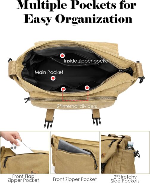 ibalulu Men's Shoulder Bag, Robust Canvas Messenger Bag with Multiple Pockets and Adjustable Strap, Vintage Crossbody Bag, Hobo Work Bag, Unisex Shoulder Bag for Work, Travel, Everyday Use, khaki – Bild 4