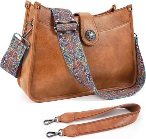APHISON Shoulder Bag Women's Handbag Medium Crossbody Bag with Wide Strap Hobo Bag Shoulder Bag Vegan Leather Bag 2 Shoulder Straps Card Slot Travel Bag, 03-brown