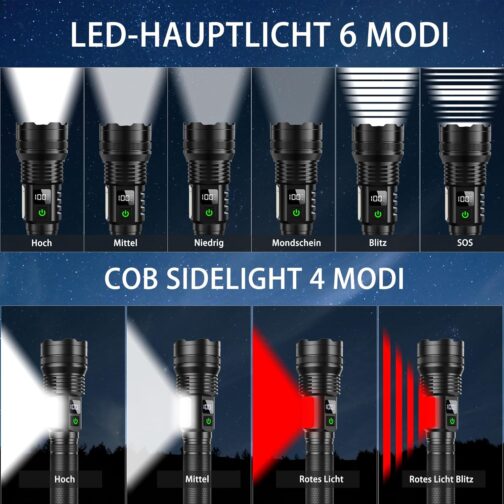 ASORT Rechargeable Torch 990,000 Lumens, Extremely Bright USB Rechargeable Tactical Torches, Zoomable, IP67 Waterproof, 10 Light Modes for Home, Outdoor, Emergencies, Patrol, Camping (with Battery) – Bild 4