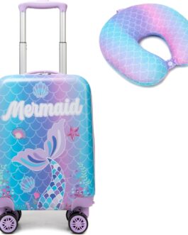 HTgroce 2-Piece Children’s Suitcase Set, Children’s Travel Suitcase with Backpack, Neck Pillow & Suitcase Tag, Travel Trolley with Wheels for Children, Hard Case for Boys and Girls, mermaid, S