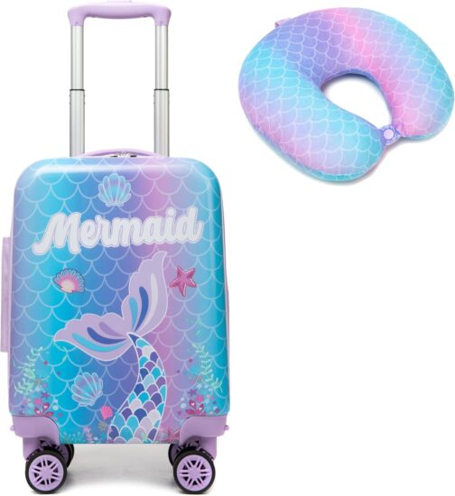 HTgroce 2-Piece Children's Suitcase Set, Children's Travel Suitcase with Backpack, Neck Pillow & Suitcase Tag, Travel Trolley with Wheels for Children, Hard Case for Boys and Girls, mermaid, S
