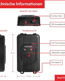 PATTLER® Marten deterrent car with flash light, marten repellent with flexible power supply, 12 V car battery, AA battery or USB, effective marten protection for car, garden, attic, 1 piece