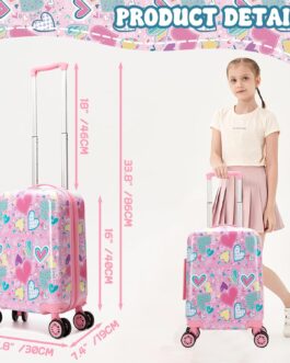 HTgroce 2-Piece Children’s Suitcase Set Girls, Children’s Hand Luggage Suitcase with Neck Pillow and Suitcase Tag, Children’s Suitcase Trolley Hard Case for Girls, A-pink heart, M