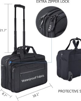 KROSER Trolley Business Rolling Laptop Case with Wheels up to 17.3 Inch Laptop Waterproof Overnight Roll Bag with RFID Pockets for Travel/School/Men/Women Black Multi-Way