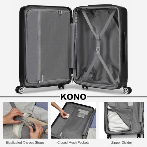 KONO Suitcase Trolley Lightweight Expandable ABS + PC Hard Shell Luggage with TSA Lock and Double Spinning Wheels for Travel and Business, black, Suitcase – Bild 6