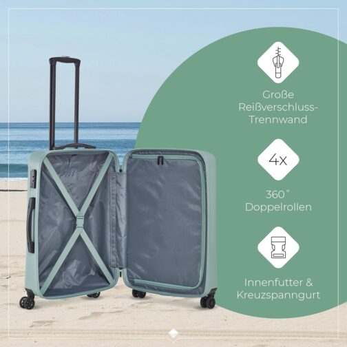 Travelite 4-Wheel Suitcase Set, 3 Pieces, Sizes S/M/L, Luggage Bali Series, ABS Hard Shell Trolleys, mint – Bild 6