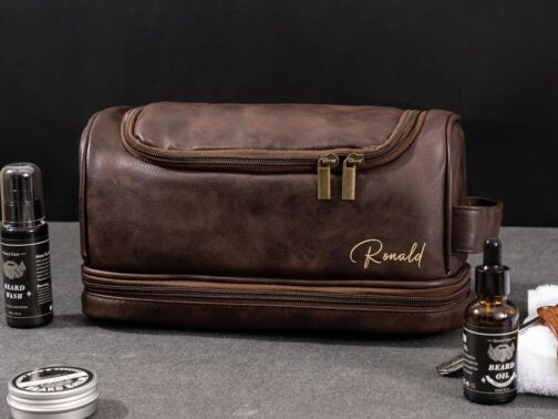 Personalised Mens PU Leather Toiletry Bag, Custom Engraved Travel Toiletry Bag, Personalized Initials, Gifts for Family, Black, coffee, dark brown, light brown, Portable Toiletries for Men – Bild 5