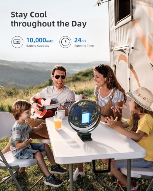 Koonie USB Clip Fan, 10000 mAh USB Fan, Portable 20 cm Table Fan, 4 Speeds & 360° Rotation, Quiet Wall Fan, Fan for Home, Office, Pram, Camping, Grow Tent – Bild 3