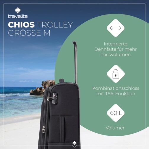 Travelite Chios Trolley Series 4-Wheel Suitcase Set Soft Shell Sizes L/M/S, black, Soft luggage trolley with 4 wheels – Bild 3