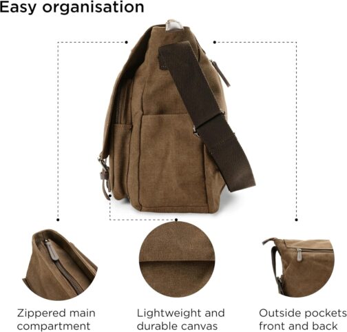 Trendhim Caramel Brown Canvas Messenger Bag for Men Shoulder Bag Large Canvas Shoulder Bag for Everyday and Work – Bild 3