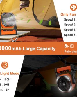 KITWLEMEN Fan with LED Lantern, 20000 mAh Camping Fan with Hook, 270° Rotation, 4 Speeds, USB Table Fan, Camping Gadgets for Outdoor Camping, Power Outage, Fishing, Hurricane