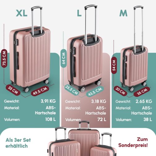 Easy Move ABS Hard Case [Ergonomic & Safe] - Large Trolley Suitcase with 360° Wheels, Number Lock - Travel Suitcase Large, Hard Shell Suitcase, Luggage, Rose Gold, Hard shell with 360° double wheels – Bild 6