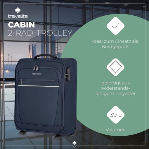 travelite 2-wheel hand luggage suitcase with lock meets IATA cabin luggage dimensions, luggage series cabin: Compact Soft Luggage Trolley, 090237, 52 cm 39 Litres, Navy (Blue), 52 cm – Bild 3