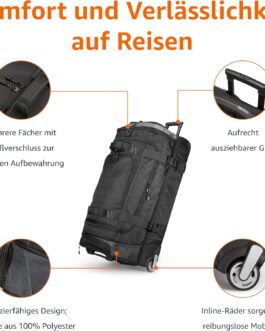Amazon Basics – Duffel Travel Bag with Wheels, Ripstop, black, 35″