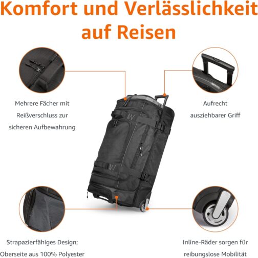 Amazon Basics - Duffel Travel Bag with Wheels, Ripstop, black, 35" – Bild 2