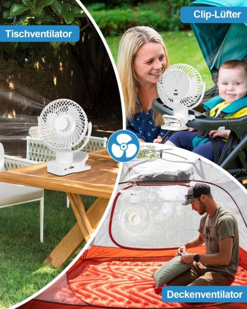 360° Oscillating Clip Fan with Remote Control - 10000 mAh Battery USB Table Fan Portable - Timer Function & 4 Levels Quiet Camping Clamp Fans - LED Light Mini Fan 75 Hours, Diameter 17.5 cm – Bild 7