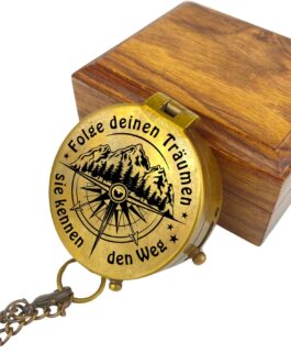 Personalised Compass with Engraving of Your Choice and Text Name Various Designs Brass Leather Case Gift Box Great Gift Idea
