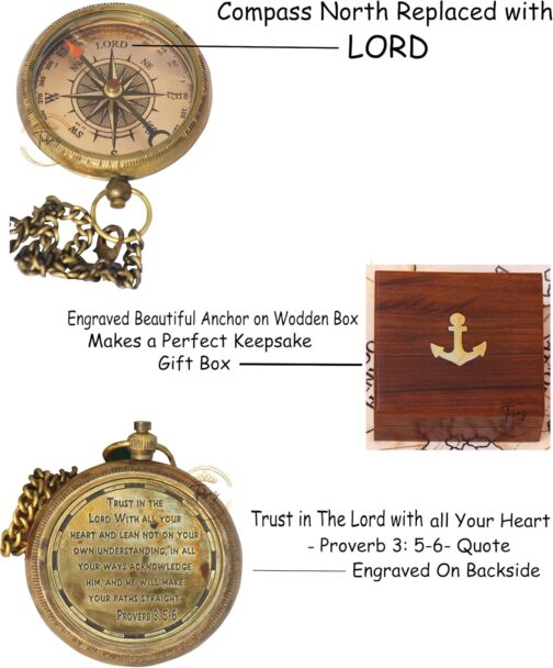Compass Engraved Trust in The Lord with All Your Heart Proverbs 3:5-6 with Wooden Box Camping Compass Gift Compass Graduation Gift Compass for Women Men Boys Girls – Bild 2