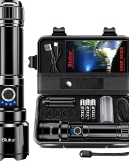 Blukar LED Rechargeable Torch, 500,000 Lumens, Extremely Bright Zoomable Tactical Torches, Strong with 5 Light Modes, IP67 Waterproof Flashlight Torch for Camping, Hiking, Outdoor, Fishing, Emergency