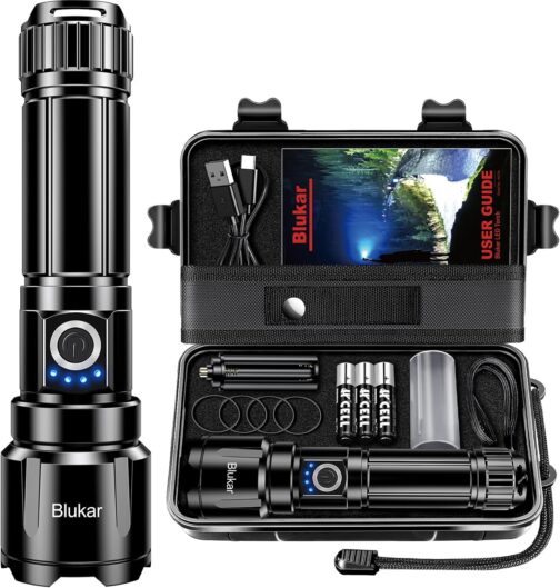 Blukar LED Rechargeable Torch, 500,000 Lumens, Extremely Bright Zoomable Tactical Torches, Strong with 5 Light Modes, IP67 Waterproof Flashlight Torch for Camping, Hiking, Outdoor, Fishing, Emergency