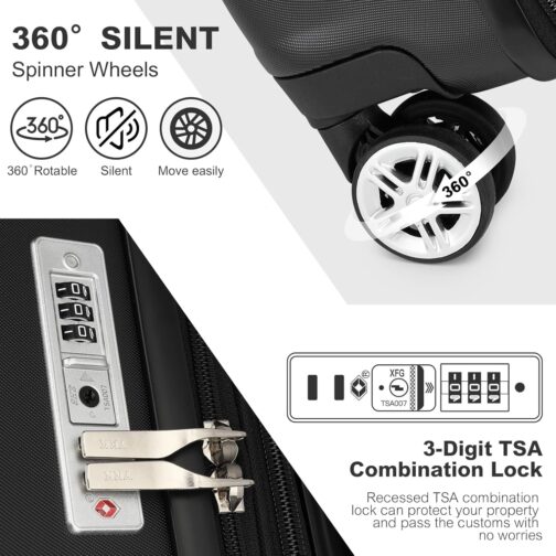 KONO Suitcase Trolley Lightweight Expandable ABS + PC Hard Shell Luggage with TSA Lock and Double Spinning Wheels for Travel and Business, black, Suitcase – Bild 3