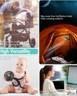 Winique USB Fan Quiet Handheld Fan Mini Fan with 3 Speeds / 720° Adjustable / LED Light, Over 10 Hours Battery Life for Prams, Home and Office