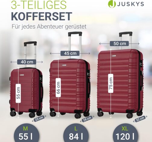Juskys Hard Shell Suitcase Set Travel Suitcase - Combination Lock, Quiet 360° Wheels, Large, Telescopic Handle, Lightweight - 4 Hard Cases, red, Modern – Bild 4