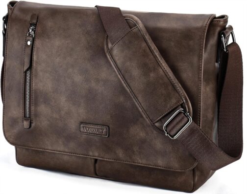 VX VONXURY Shoulder Bag Men and Women, Canvas/Leather, 14 Inch Laptop Bag, Messenger Bag, Work Bag for Work School, Coffee-vegan leader