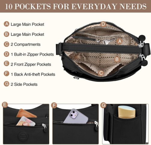 VOBUKE Shoulder Bag Women's Medium Waterproof Nylon Crossbody Bag with Multiple Compartments Lightweight Shoulder Bag Adjustable Wide Leisure Small Messenger Bag for Shopping, Travel – Bild 3
