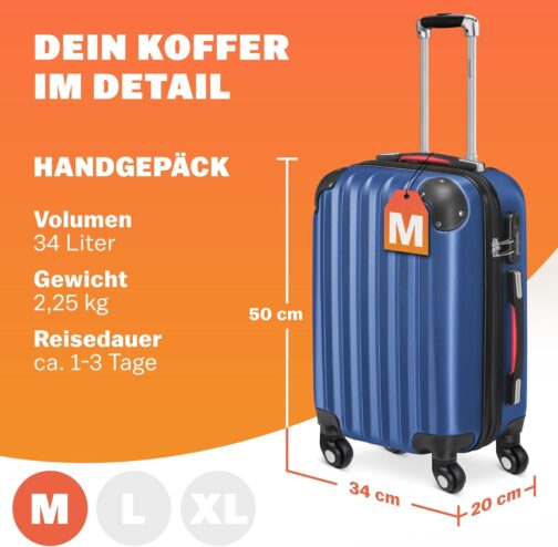 Monzana® 3-Piece Suitcase Set Baseline Hard Shell Suitcase M-L-XL Gel Handles 4 Wheels Edge Protection Lock Feet ABS Trolley Trolley Travel Suitcase Set, blue, Suitcase – Bild 2