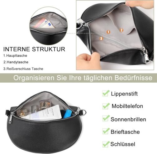 TANTOMI Umhängetasche Damen Bauchtasche Damen PU Leder, Crossbody Bag Damen Breiter Gurt, Damen-Umhängetaschen Bauchtasche Damen Stylisch, Gürteltasche Damen Elegante – Bild 6