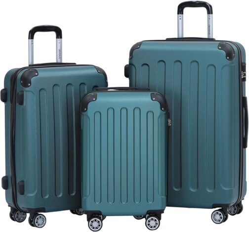 BEIBYE 2045 Twin Rolls, 3-Piece Travel Suitcase Set, Trolleys, Hard Shell, in 14 Colours, dark green