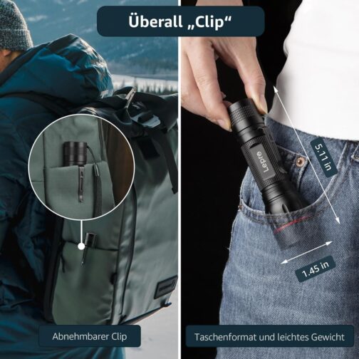 Lepro LED Torch, LE2050 Extremely Bright Mini Torches with Clip, Zoomable Camping Battery Operated Torch with 5 Modes, Waterproof Torch Light for Outdoors, Hiking, Gift, Emergency – Bild 3