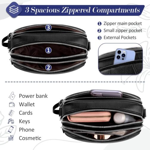 JUYANO Crossbody Bag Women's Wide Strap Leather Shoulder Bag Women's Small Shoulder Bags Fashion Small Shoulder Bag with 3 Zip Compartments 2 Removable Shoulder Straps – Bild 4