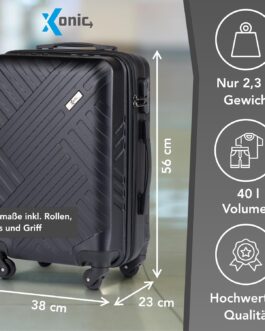 Xonic Design Travel Suitcase – ABS Hard Shell Suitcase with 360° Smooth-Running Wheels – High-Quality Trolley with Combination Lock in M-L-XL or Set, deep black, Hard shell