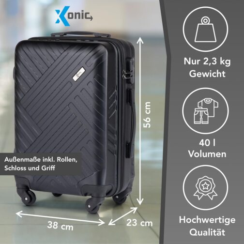 Xonic Design Travel Suitcase - ABS Hard Shell Suitcase with 360° Smooth-Running Wheels - High-Quality Trolley with Combination Lock in M-L-XL or Set, deep black, Hard shell – Bild 2