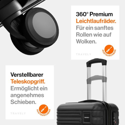 Travely Premium Hand Luggage Suitcase, 55 x 40 x 20 cm, Suitable for Ryanair, Lufthansa, Eurowings, etc., 36 L Trolley, with Soft Wheels and Practical TSA Lock, Travel Suitcase, Midnight black – Bild 5
