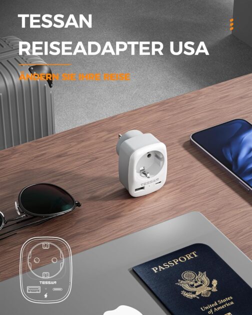 TESSAN 2 Pack Travel Adapter USA/America-Germany Plug with 2 USB 2.4 A, Socket Adapter Travel Plug Power Adapter for Canada Thailand Mexico Wall Charger and Charging Station Adapter – Bild 8
