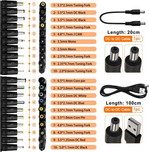 39 Pieces Universal DC Power Supply Adapter, KUOQIY 5.5 x 2.1 mm DC Barrel Plug Adapter with 2 Pieces Cable, for Fans, Routers, Desk Lamps, Computers – Bild 3