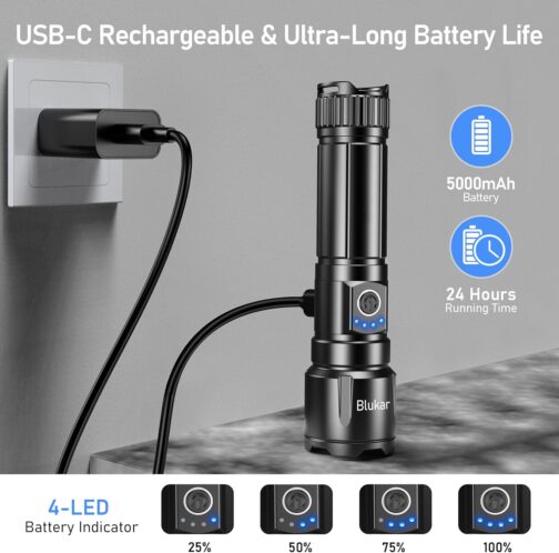 Blukar LED Rechargeable Torch, 500,000 Lumens, Extremely Bright Zoomable Tactical Torches, Strong with 5 Light Modes, IP67 Waterproof Flashlight Torch for Camping, Hiking, Outdoor, Fishing, Emergency – Bild 6